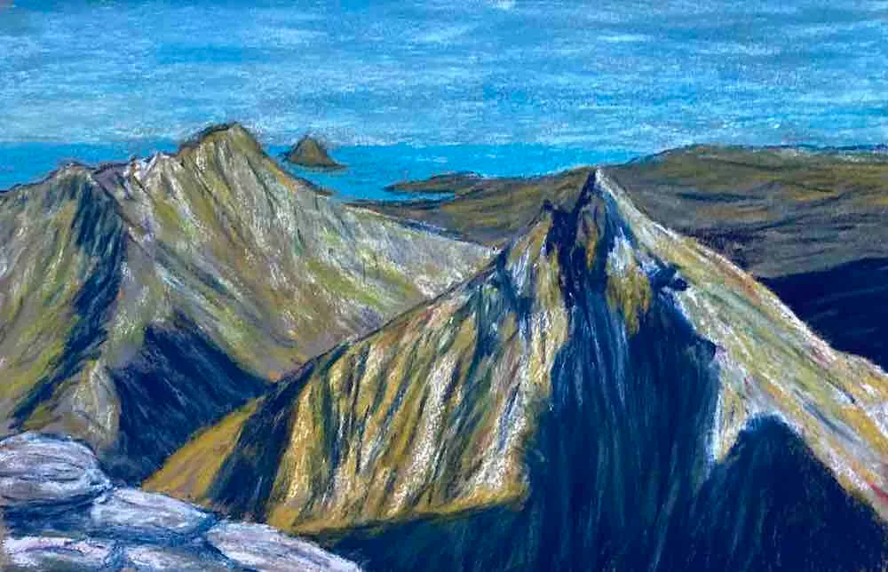 Pastel sketch of Cir Mhor and Goatfell on the Isle of Arran in low evening light.