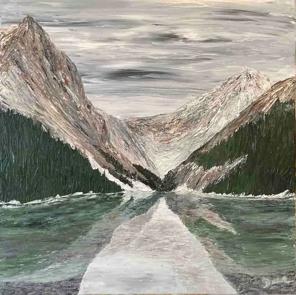 Oil painting of Lake Louise with snow and frozen icefalls under winter light.