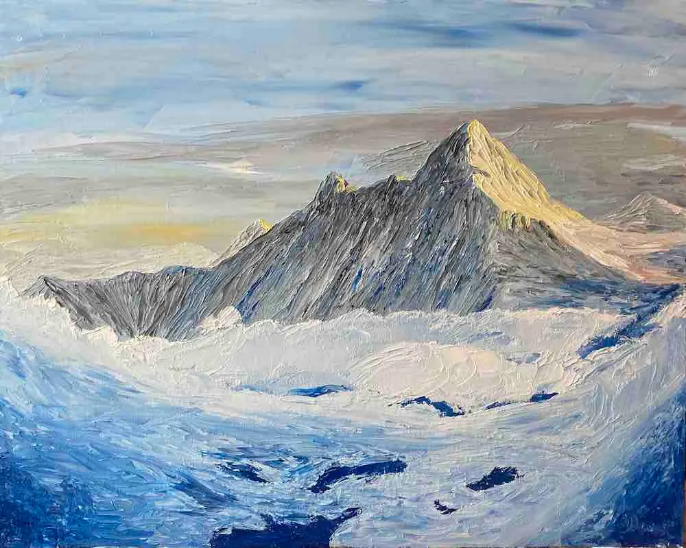 Oil painting of Nanda Devi seen from the slopes of Changabang.