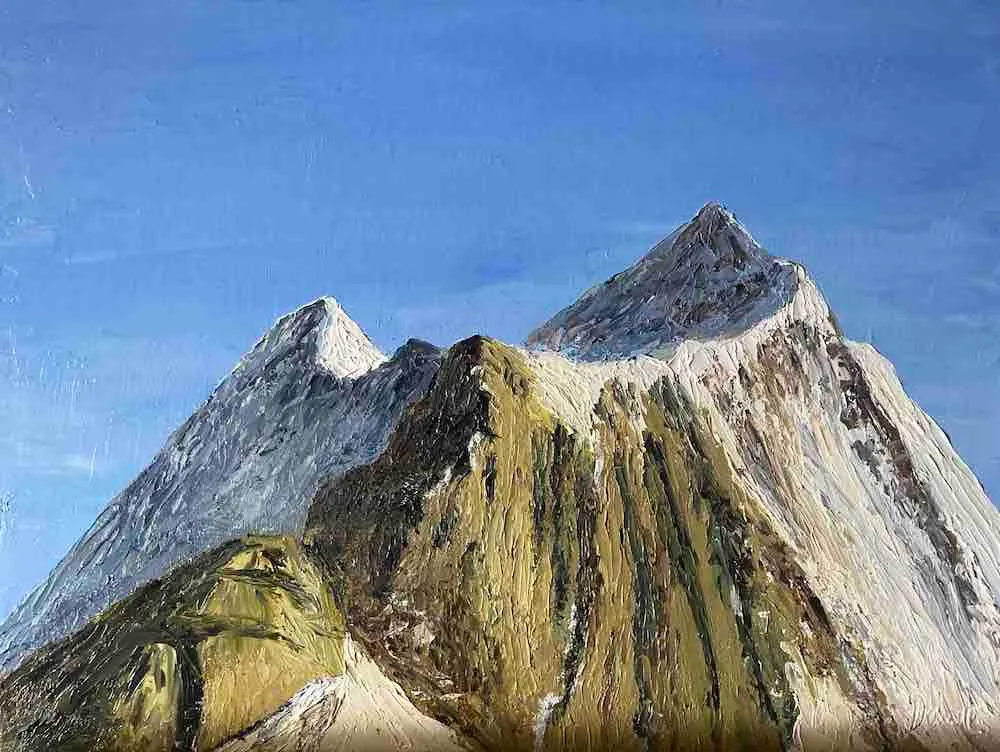 Oil painting of the twin peaks of Nanda Devi rising above Himalayan ridgelines.