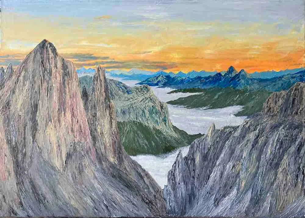 Oil painting of high Dolomite peaks above Refugio Boé.