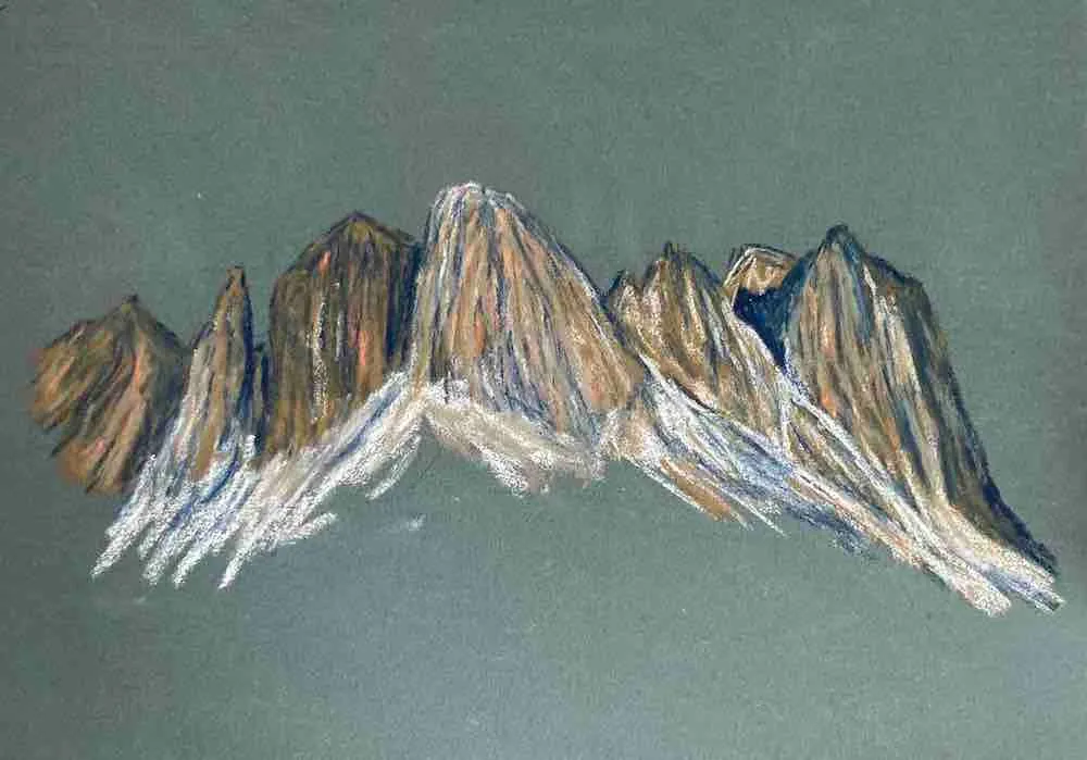 Pastel sketch of the Sasso Lungo massif in the Dolomites.